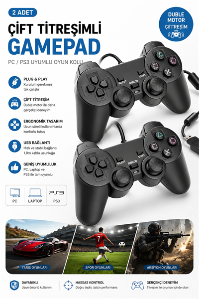 Siyah kablolu çift motorlu titreşimli joystick PC uyumlu USB bağlantılı 1 yıl garantili