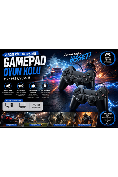 Siyah kablolu çift motorlu titreşimli joystick PC uyumlu USB bağlantılı 1 yıl garantili