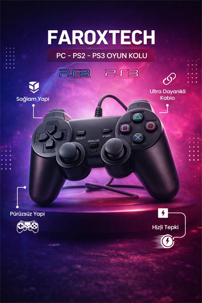 Siyah kablolu titreşimli analog joystick PC uyumlu Bluetoothsuz garantisiz - Elektronik