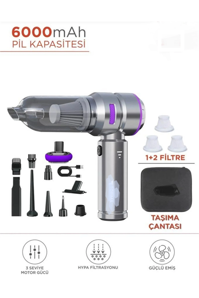 Siyah kablosuz araç içi süpürge 0-250 watt 81-90 dBA 2 yıl garantili şarjlı model