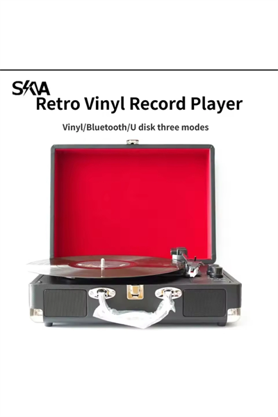 Siyah taşınabilir çantalı retro bluetooth hoparlörlü pikap radyo usb mp3 plak çalar