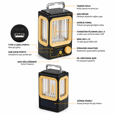 Solar - Güneş Enerjili Usb Şarjlı Nostalji Solar Lamba 1500mah Hs-234 Bx40