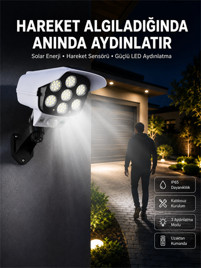 Solar Bahçe Lambası Uzaktan Kumandalı Kamera Görünümlü Hareket Sensörlü