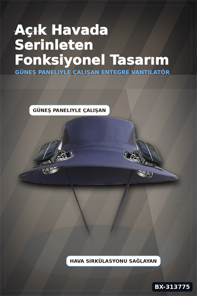Solar Fanlı Balıkçı Şapkası - Güneş Enerjili Vantilatörlü Ayarlanabilir Açık Hava Şapkası BX-313775