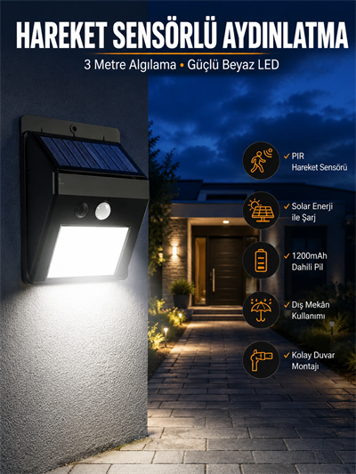 Solar Güneş Enerji Panelli Sensörlü Lamba Enerji Tasarruflu