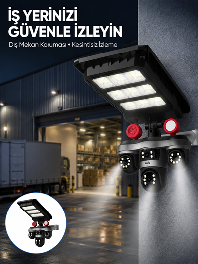 Solar Panelli 3 Lens Dış Mekan Güvenlik Kamerası Hareket Algılamalı LED Aydınlatmalı