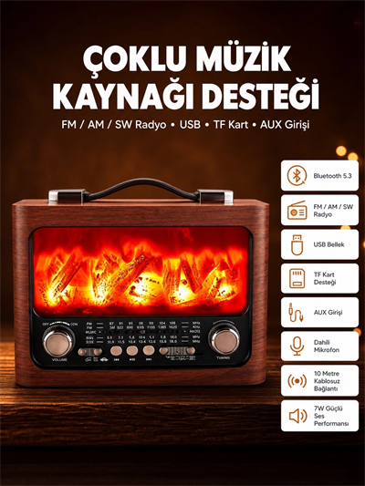 Solar Panelli Alev Işıklı Bluetooth Hoparlör – Çoklu Giriş, Uzun Pil Ömrü