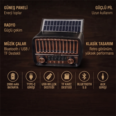 Solar Panelli FM Radyo - Şarjlı - Bluetooth Özellikli - AUX Girişli - Nostaljik Tasarım