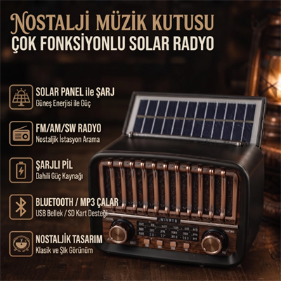 Solar Panelli FM Radyo - Şarjlı - Bluetooth Özellikli - AUX Girişli - Nostaljik Tasarım