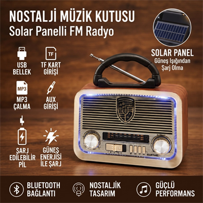 Solar Panelli LED Fenerli FM Radyo - Nostaljik Tasarım - Şarjlı - Bluetooth Özellikli