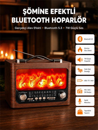 Solar Şarjlı Şömine Işıklı Bluetooth Hoparlör – Radyo, USB, TF Kart Destekli