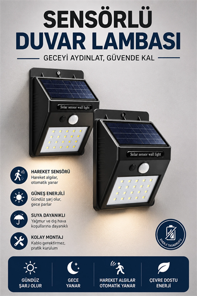 Solar Sensörlü Duvar Lambası Bahçe Lamba 20 Led Işık