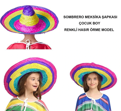 Sombrero Meksika Şapkası Renkli Örme Hasır Çocuk Boy