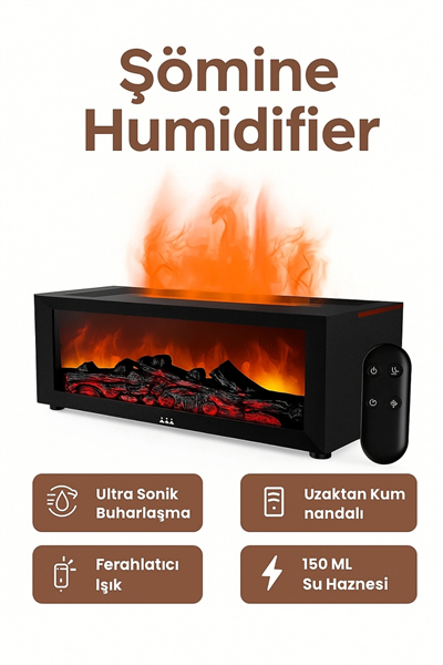 Şömine Tasarımlı Ultrasonik Buhar Makinesi: 150 ML Kapasiteli ve Kumandalı Aroma Difüzörü