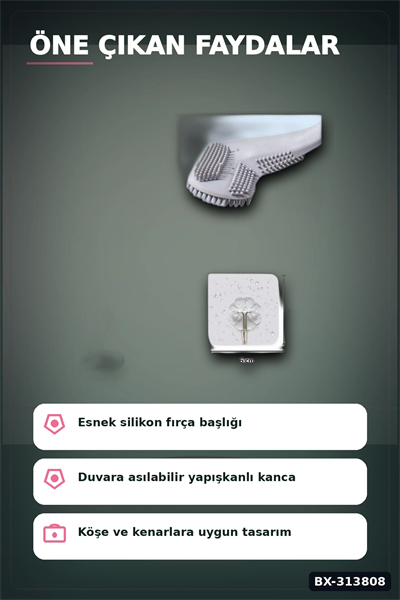 Sopali Tasarim Silikon Klozet Fircasi 41 cm Aski Kancali Banyo Temizlik Seti BX-313808