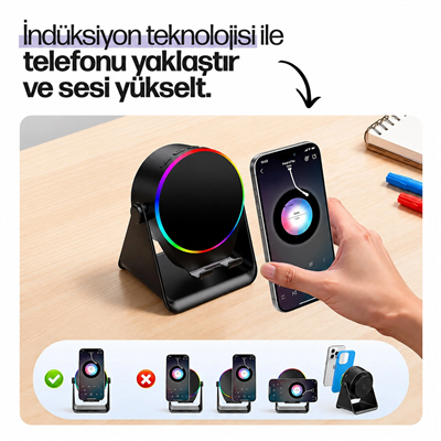 SoundPad Bluetooth Hoparlör - İndüksiyon Temas Özellikli - Telefon Standlı - Type-C Şarj - RGB Ambiyans Aydınlatma