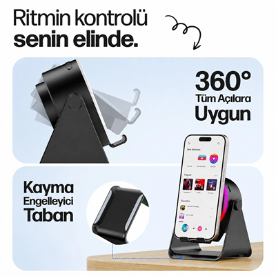 SoundPad Bluetooth Hoparlör - İndüksiyon Temas Özellikli - Telefon Standlı - Type-C Şarj - RGB Ambiyans Aydınlatma