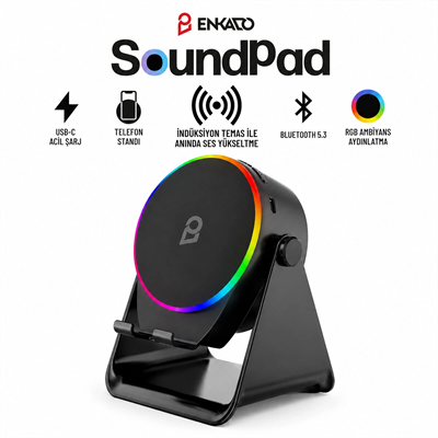 SoundPad Bluetooth Hoparlör - İndüksiyon Temas Özellikli - Telefon Standlı - Type-C Şarj - RGB Ambiyans Aydınlatma