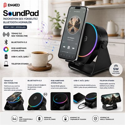 Soundpad 5ın1 - 5w - 2000mah Temas İle Ses Yükseltme - Telefon Stand - Usb-c Şarj Siyah İndiksiyon Ses Yükseltici Bluetooth Hoparlör Speaker Ekd-s10 Bx40
