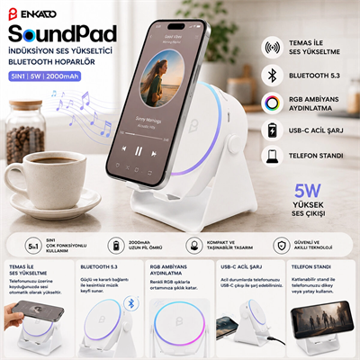Soundpad 5ın1 - 5w - 2000mah Temas İle Ses Yükseltme - Telefon Stand - Usb-c Şarj Beyaz İndiksiyon Ses Yükseltici Bluetooth Hoparlör Speaker Ekd-s11 Bx40