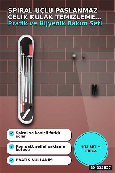 Spiral Uçlu 6lı Paslanmaz Çelik Kulak Temizleme Seti - Taşınabilir Bakım Aleti BX-313527