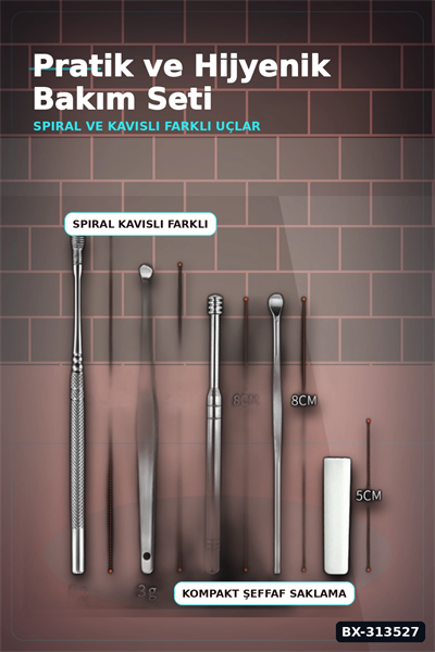 Spiral Uçlu 6lı Paslanmaz Çelik Kulak Temizleme Seti - Taşınabilir Bakım Aleti BX-313527