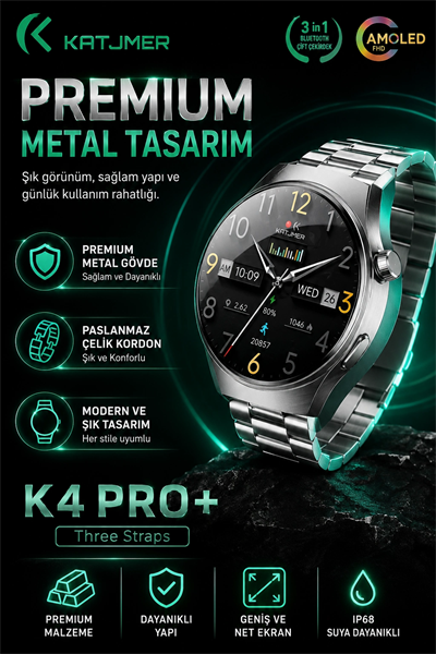 Spor Modlu Bildirim Özellikli Akıllı Saat Metal Kordonlu Üç Kayışlı Günlük Kullanım Seti