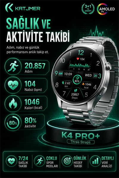 Spor Modlu Bildirim Özellikli Akıllı Saat Metal Kordonlu Üç Kayışlı Günlük Kullanım Seti