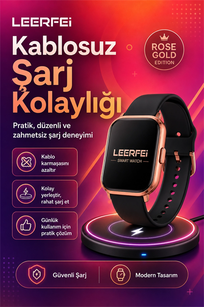 Spor Modlu Kablosuz Şarjlı Akıllı Saat Mesaj Bildirimli Rose Gold Tasarımlı Model