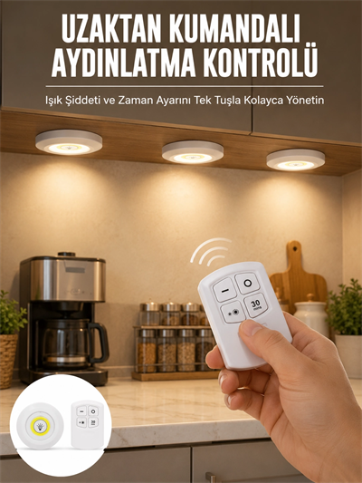 Spot Lamba Led Işık 3lü Uzaktan Kumandalı Pilli Yapışkanlı Kablosuz Yeni Nesil