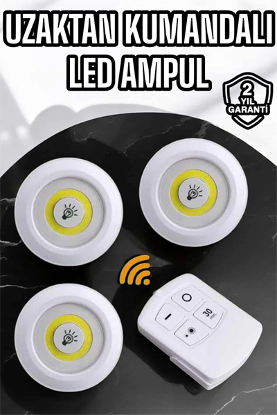 Spot Lamba Led Işık 3lü Uzaktan Kumandalı Pilli Yapışkanlı Kablosuz