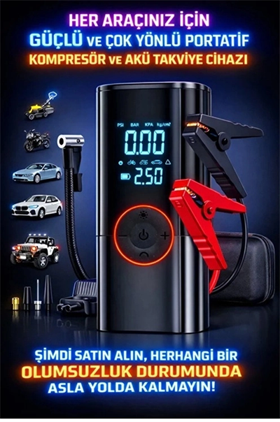 St-9650 Şarjlı 10.000 Mah Taşınabilir Araç Hava Kompresörü Akü Takviyeli Dijital Ekranlı Işıklı Çantalı