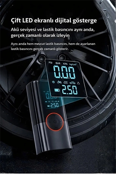 St-9650 Şarjlı 10.000 Mah Taşınabilir Araç Hava Kompresörü Akü Takviyeli Dijital Ekranlı Işıklı Çantalı