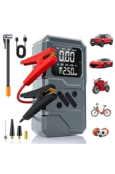 St-9654 Şarjlı 10.000 Mah Taşınabilir Araç Hava Kompresörü Akü Takviyeli Dijital Ekranlı Işıklı