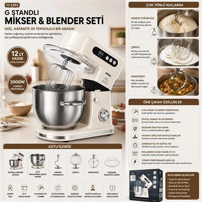 Standlı Mikser - Blender Seti Hamur Yoğurucu - Çırpıcı - Karıştırıcı 8kadem. Hız Ayar 12lt Hazne 2000w Smx-2779 Bx40