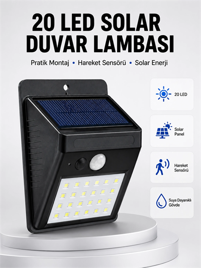 Su Geçirmez IP65 20 LED Solar Sensörlü Bahçe ve Veranda Aydınlatma Yeni Nesil