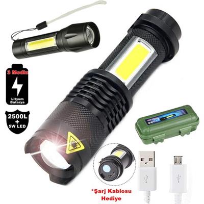 Su Geçirmez Şarjlı El Feneri 2500 Lumens + 5W COB LED USB Lion Şarjlı Ultra Güçlü Q5 XPE (3936)