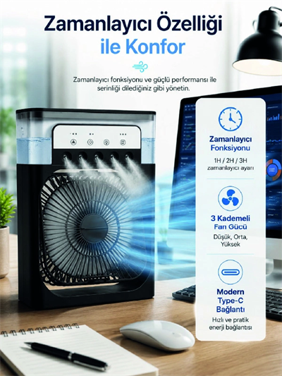 Su Hazneli Püskürtmeli Fan 1-3-5 Püskürtme Seçeneği, Type-C Güç Girişi