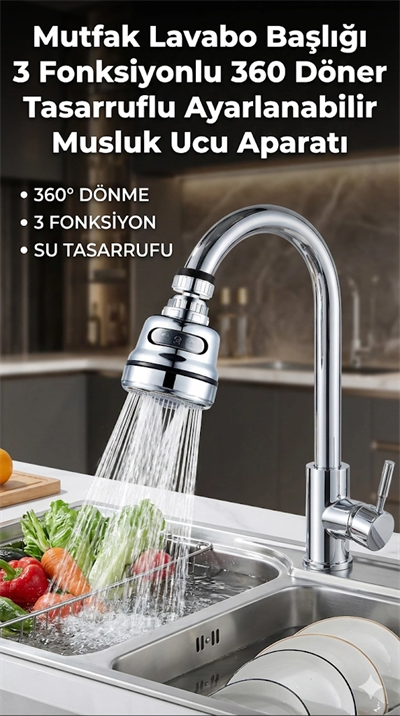 Su Tasarruflu Krom 3 Fonksiyonlu Döner Musluk Ucu Mutfak Evye Banyo Lavabo Çeşme Batarya Aparatı