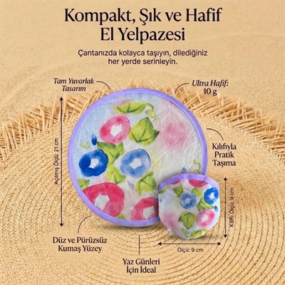 BUFFER® Sulu Boya Çiçek Desenli Pratik Katlanabilir El Yelpazesi – Kılıflı Yuvarlak Pratik Otomatik Açılıp Kapanan Cep Yelpazesi