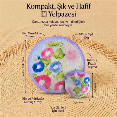 Sulu Boya Çiçek Desenli Katlanabilir Cep Yelpazesi - Kılıflı Yuvarlak Kumaş El Yelpazesi Bx40