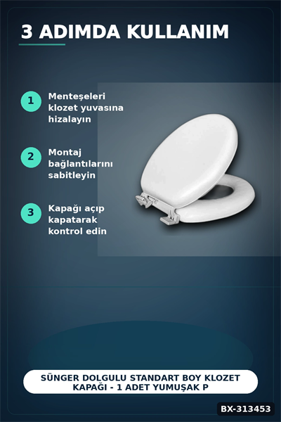 Sünger Dolgulu Standart Boy Klozet Kapağı - 1 Adet Yumuşak Puf Banyo Aksesuarı BX-313453
