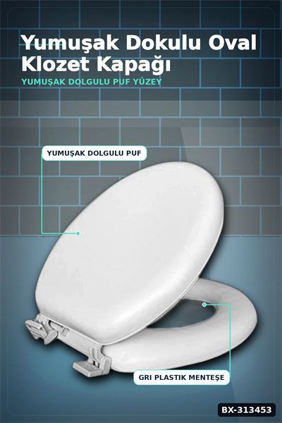 Sünger Dolgulu Standart Boy Klozet Kapağı - 1 Adet Yumuşak Puf Banyo Aksesuarı BX-313453