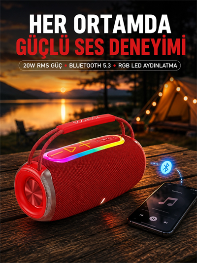 Suya Dayanıklı 20W RGB Hoparlör Bluetooth, USB, SD Kart ve AUX Girişli