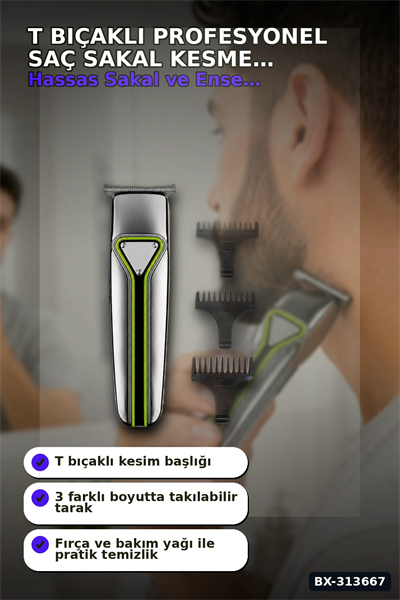 T Bıçaklı Profesyonel Saç Sakal Kesme Makinesi USB Şarjlı 3 Taraklı Erkek Bakım Seti BX-313667