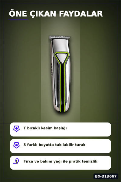 T Bıçaklı Profesyonel Saç Sakal Kesme Makinesi USB Şarjlı 3 Taraklı Erkek Bakım Seti BX-313667