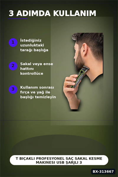 T Bıçaklı Profesyonel Saç Sakal Kesme Makinesi USB Şarjlı 3 Taraklı Erkek Bakım Seti BX-313667