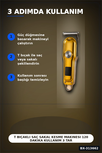 T Bıçaklı Saç Sakal Kesme Makinesi 120 Dakika Kullanım 3 Tarak USB Şarjlı Profesyonel BX-313662