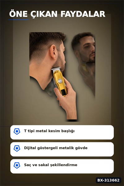 T Bıçaklı Saç Sakal Kesme Makinesi 120 Dakika Kullanım 3 Tarak USB Şarjlı Profesyonel BX-313662
