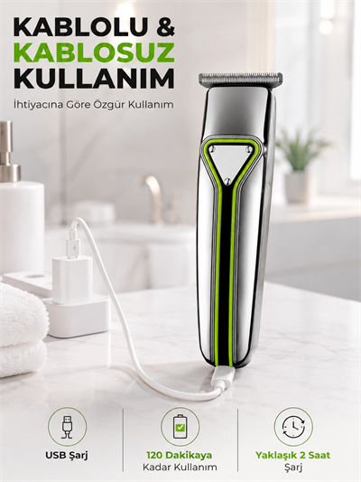 T Bıçaklı Saç Sakal Kesme Makinesi Şarjlı Kablosuz Ense Favori Şekillendirme Tıraş Makinesi